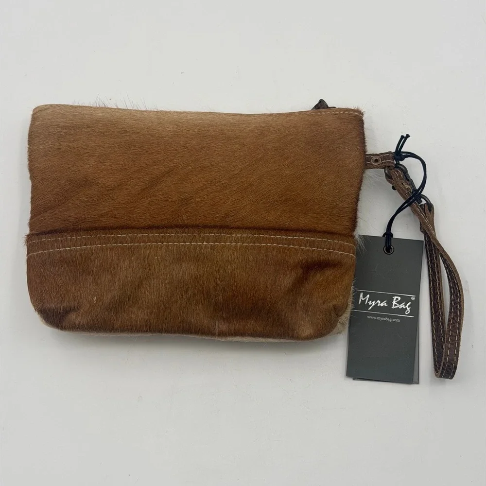 Myra Bag Multi Cowhide Leather Wristlet Clutch Brown Tan White Rodeo Rustic NWT